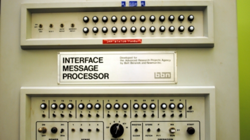 This is a photo of the front panel of the very first Interface Message Processor (IMP).