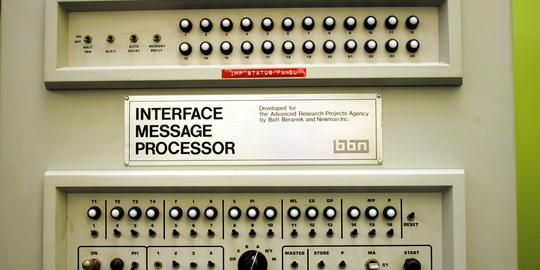 This is a photo of the front panel of the very first Interface Message Processor (IMP).